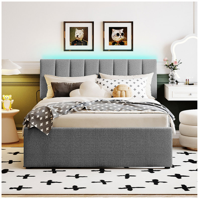 Upholstered Platform Bed with Trundle, Lighted Headboard and USB port, Gray, Full