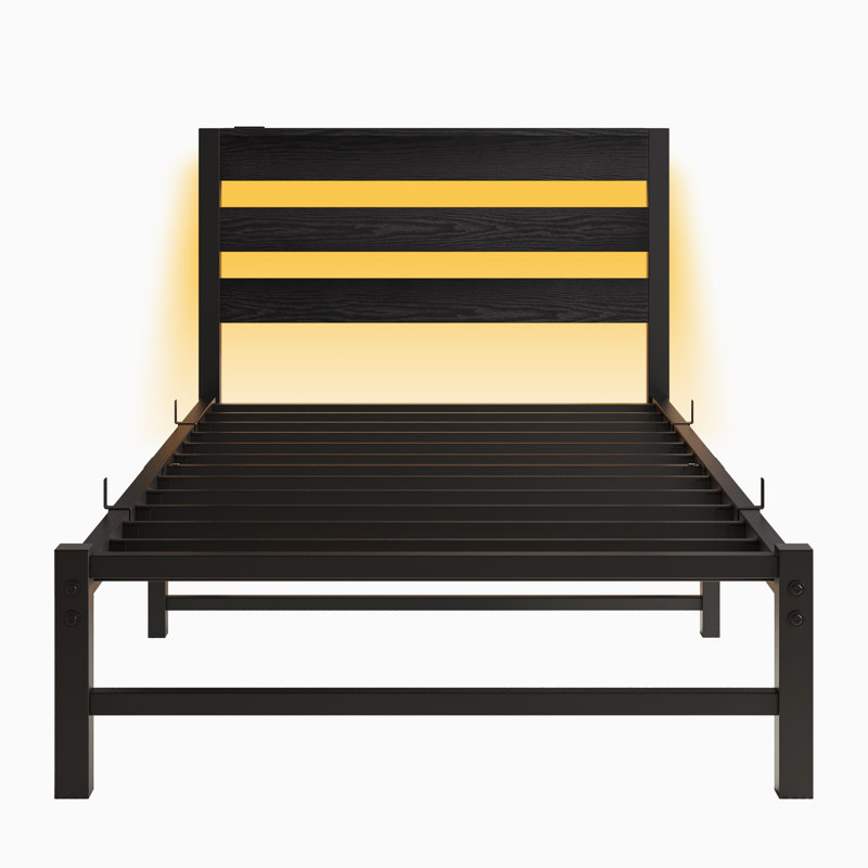Twin Size Heavy Duty Platform Bed Frame with Headboard, USB Charging & LED Lights, Steel Slats, Black, Twin, Black
