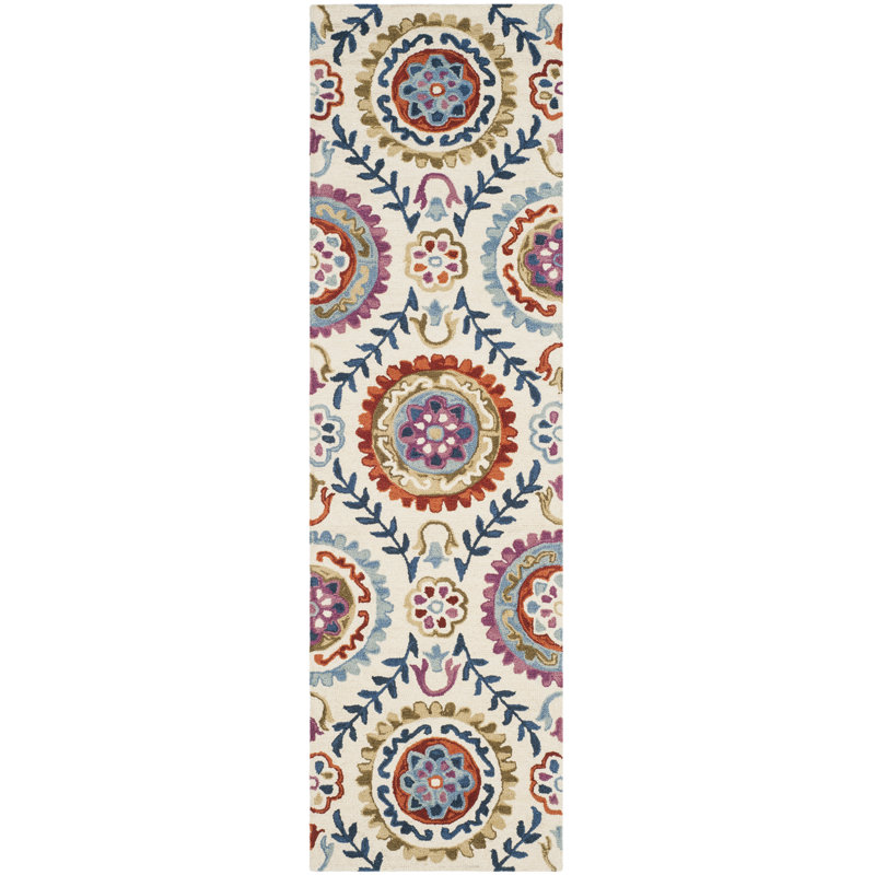 Tapis en laine et coton crocheté à la main Suzani, Tapis de couloir 2 pi 3 po x 14 pi