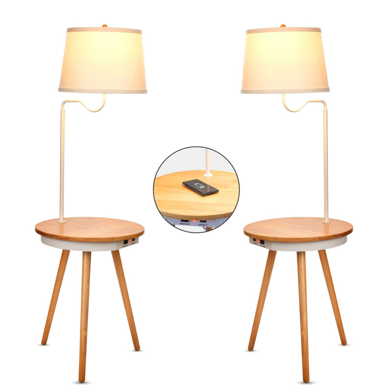 Owen 56 in. Mid-Century Modern LED Bedside Table Lamp with USB Port and Wireless Charging Pad - Bundle Set of 2, Natural