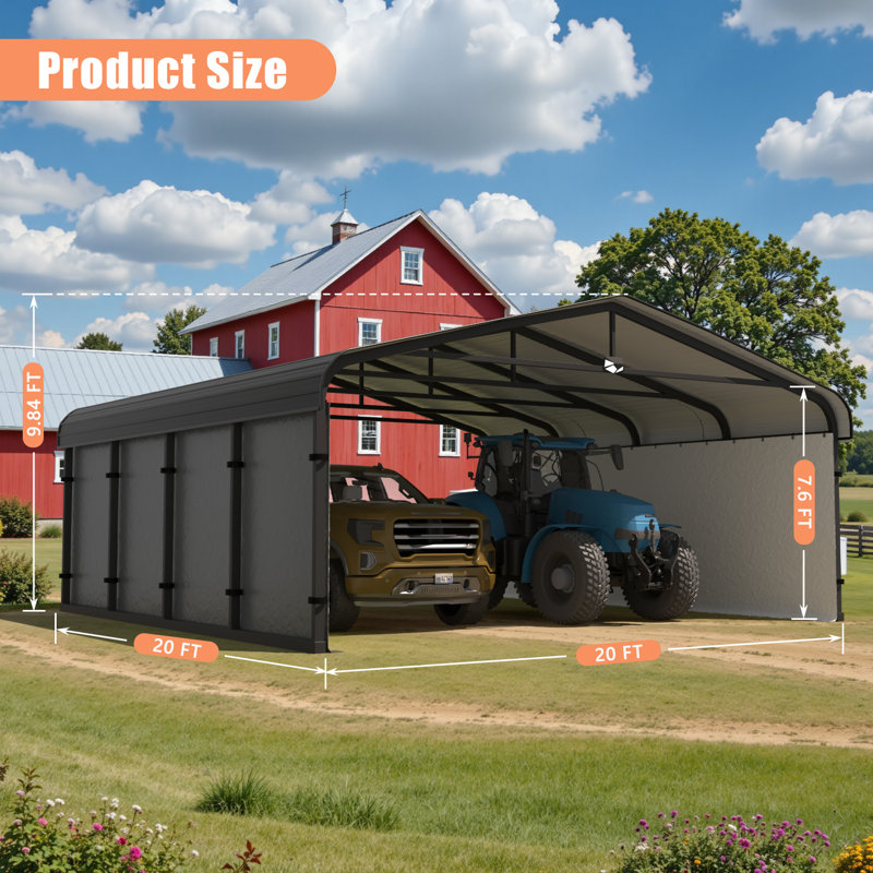 20 ft. W x 20 ft. D Outdoor Galvanized Steel Carport with Fabric Sidewall & Metal Frame, Heavy-duty Garage with Solar Lamp for Cars, Trucks, RV, Snow & UV Protection