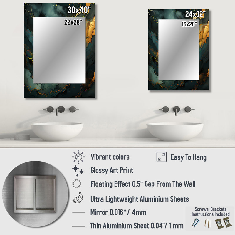 Gold and Green Abstract marble Aura III - Marble Mirror, Modern Unique Wall Mirror, Printed Metal Art, 32" x 24"