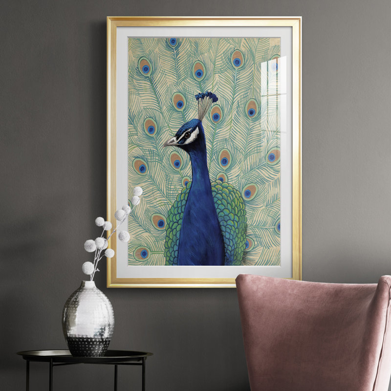 Paon bleu II - reproduction de cadre photo, Cadre doré, H 42,5 po x l 30,5 po x P 1 po