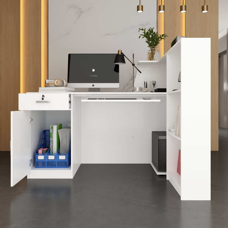 Bureau de réception l 55 po avec tiroir verrouillable et petite bibliothèque