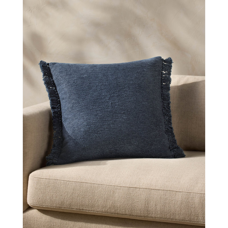 Navy Cotton Blend Square Throw Pillow with Fringe