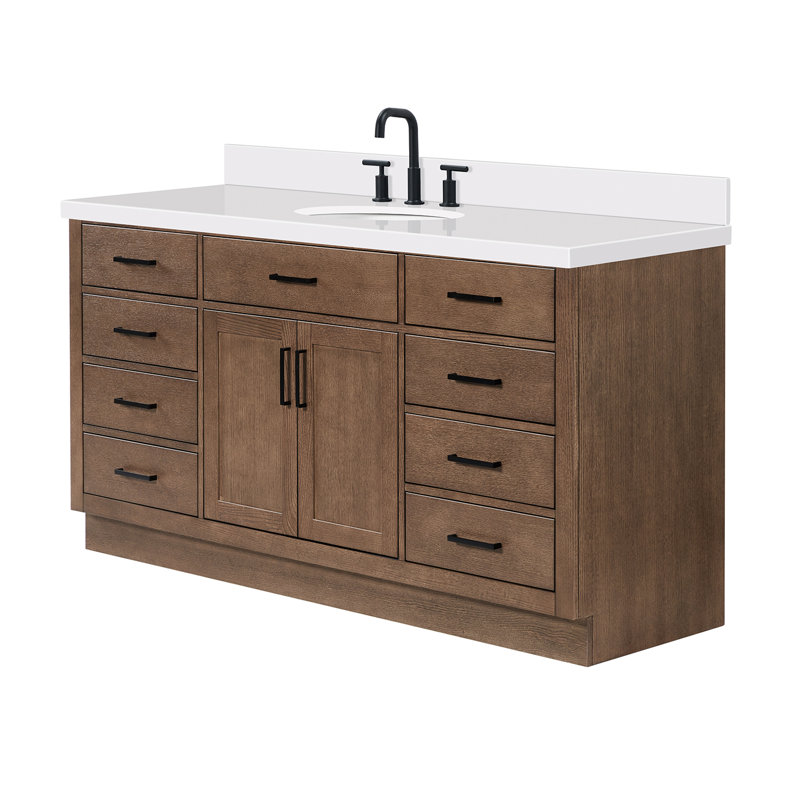 Thornaby 66'' Solid Wood Single Bathroom Vanity with 1.5'' White Quartz Top, Oval, Brown Oak