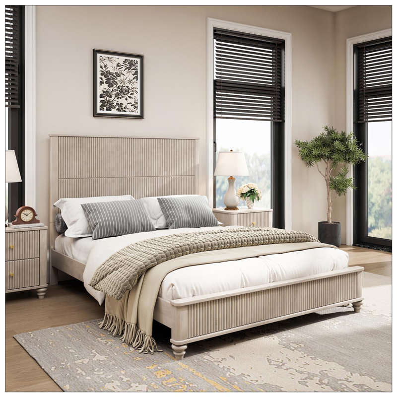 Solid Wood Bed Frame, Beige, Queen
