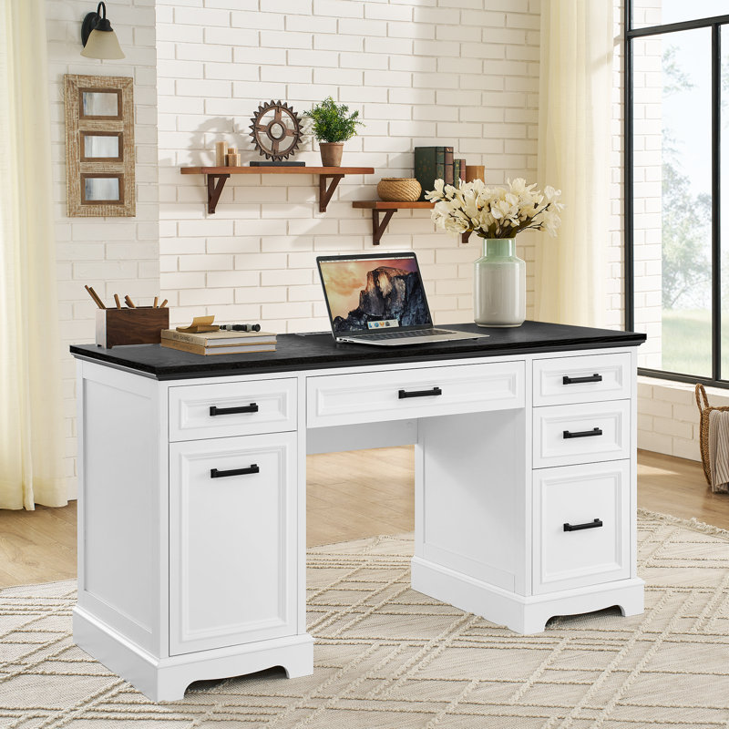 55.1 White Farmhouse Executive Desk With 5 Drawers And Charging Station, Computer Home Office Desk With Storage, Wood Desk For Bedroom, Writing Desk With File Drawer