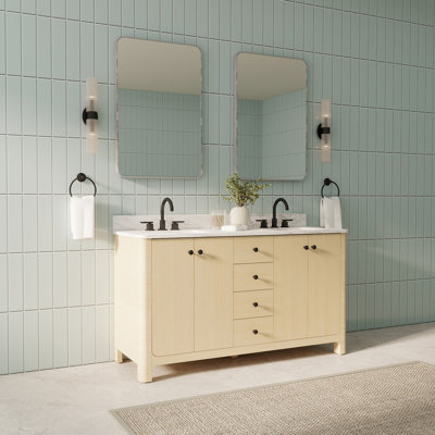 60" Freestanding Double Sink Bathroom Vanity with Engineer Stone Top, Ceramic Sink,Full Assembled,Soft-close Undermount Drawers and Soft-close Door Hinges