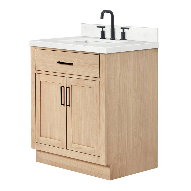 Tidworth 30'' Solid Wood Single Bathroom Vanity with 1.5'' Carrara Quartz Top, Natural Oak / Matte Black, Rectangular
