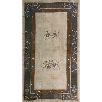 Minimalist Open Ivory Colour Field Antique Floral Chinese Peking Wool Pile Rug