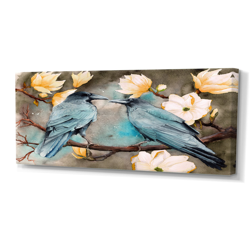 Deux corbeaux sur les branches de magnolia avec fleurs - reproduction sur toile, H 28 po x l 60 po x P 1,5 po, Toile tendue