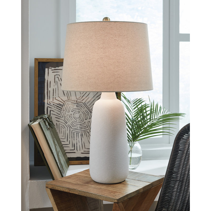 White Ceramic Table Lamp Set with Beige Empire Shade and 3-Way Switch