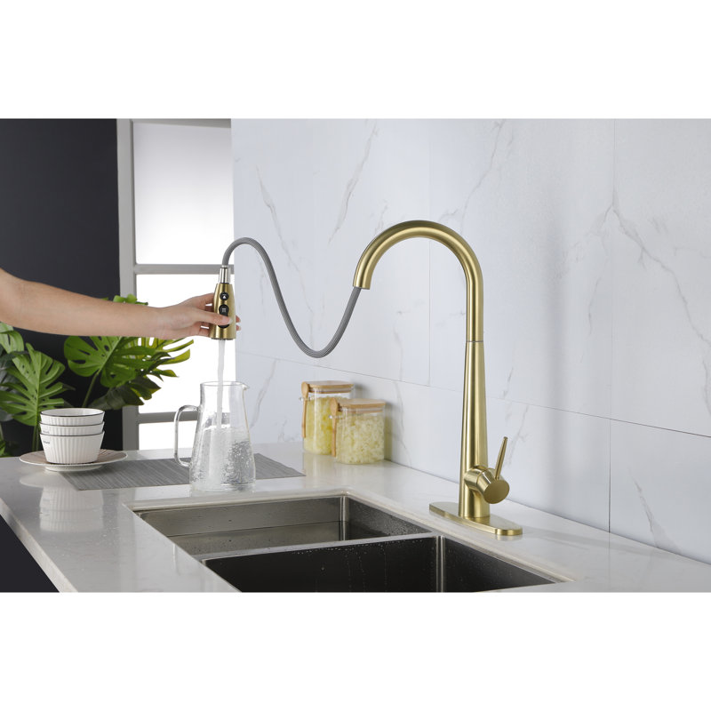 Robinet d'évier de cuisine doré avec retrait - empreinte digitale, fixation sur le comptoir à un trou, bec rotatif à 360 °, empreinte digitale en acier inoxydable de qualité, sortie d'eau, robuste