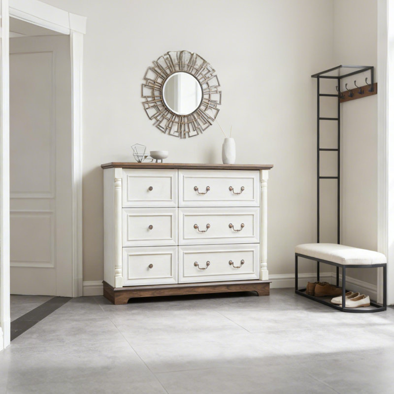 Commode 6 tiroirs, commode rétro deux tons avec colonnes en bois massif