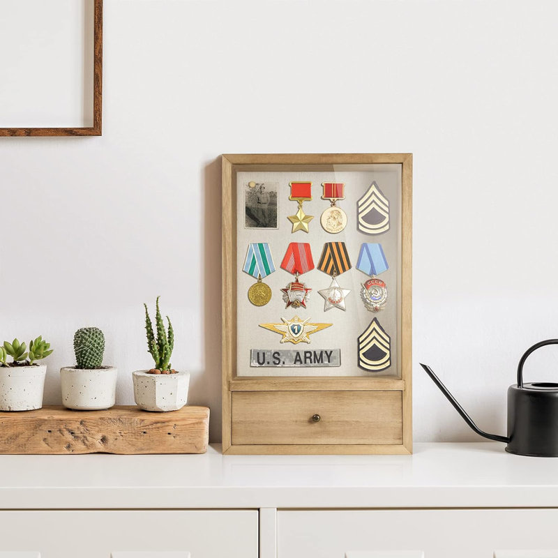 Deep Shadow Box Frame With Drawer, Shadowbox Display Case With Glass Window Picture Frame Memorabilia Bouquet Medals Military Photos Memory Box For Keepsakes