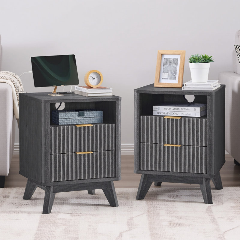 Set Of 2 Fluted Nightstands With Built-In Charging Station & Storage, Dark Alder