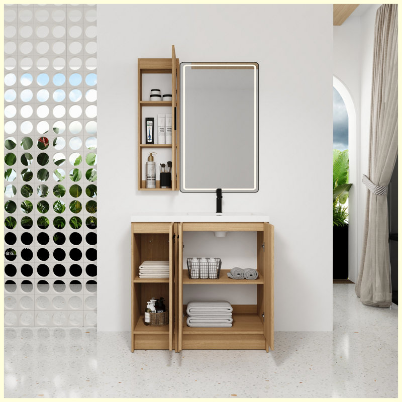 Ensemble de meuble-lavabo sur pied 36 po avec armoire à linge haute, rangement à 3 portes, lavabo simple en résine, finition chêne clair