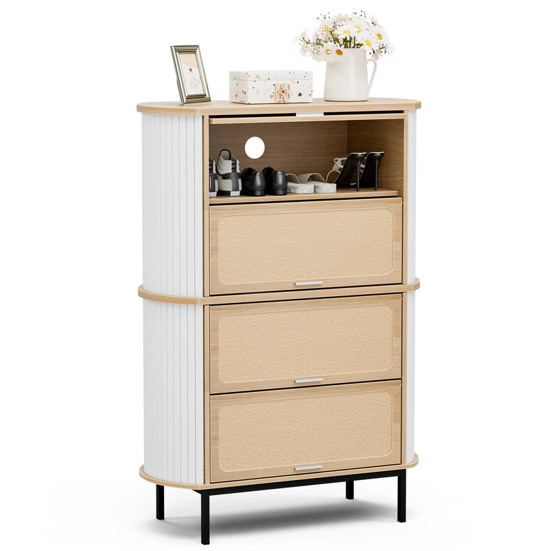 Armoire de rangement pour chaussures Natural Rattan, Blanc / bois de chêne