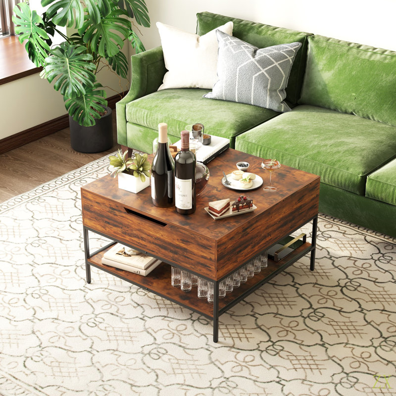 Table basse à plateau rabattable avec rangement en métal - 31,5 po avec couvercle escamotable et compartiment caché - Table de salon facile à assembler