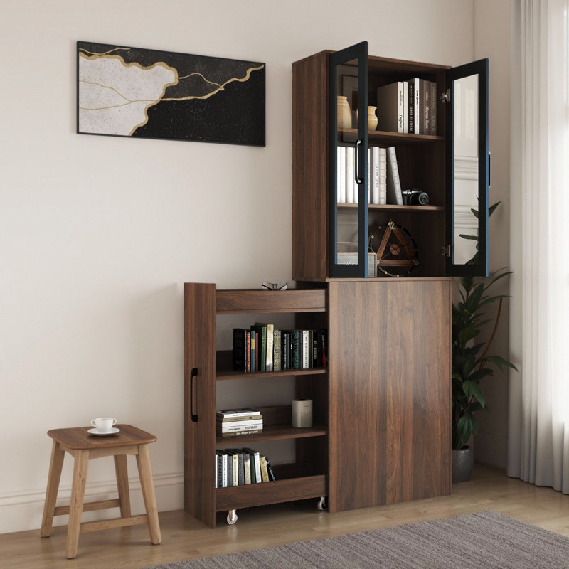 Vitrine moderne de 70,87 po avec portes en verre, garde-manger en bois avec 4 tablettes réglables, Noyer