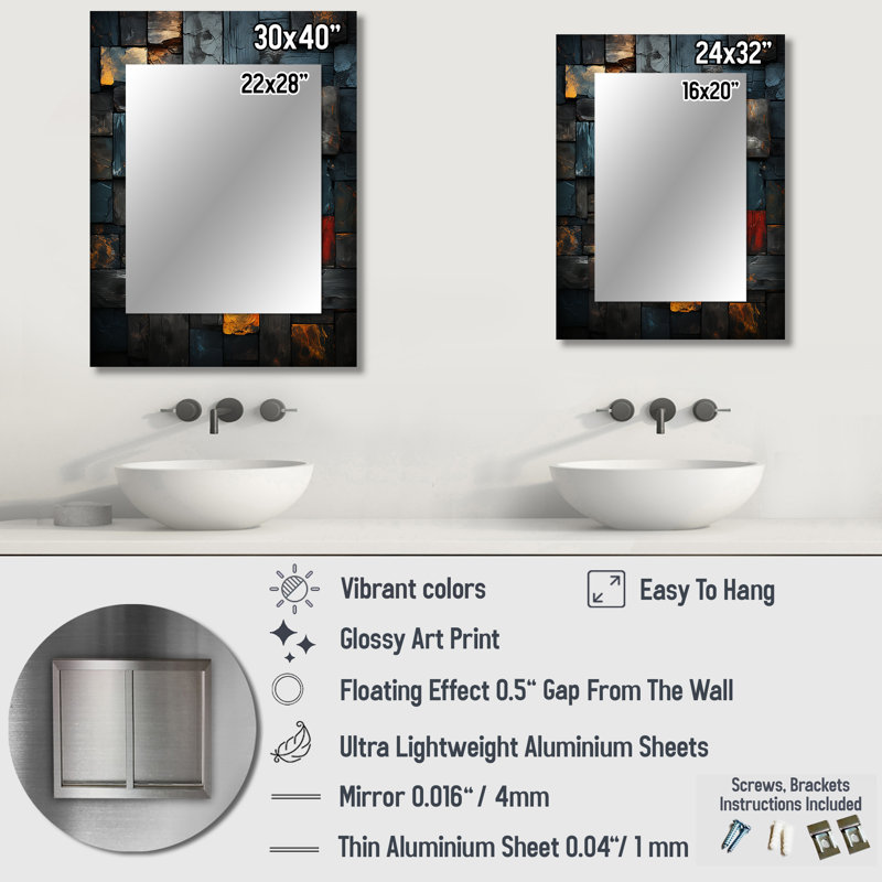 Grunge Gold Cubes Abstract Geometric VII - Tile Decorative Wall Mirror, Modern Mirror, Printed Metal Art, 32" x 24"
