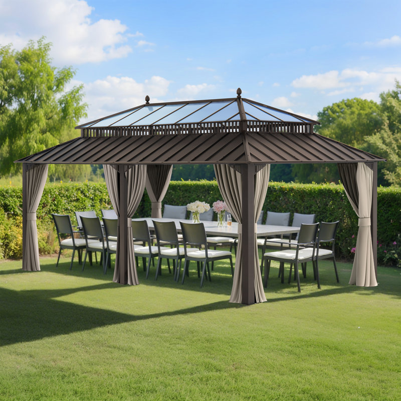 SUNJOY Kingston 20x12 Gazebo, Steel & PC Roof Hardtop Gazebo with Curtain and Netting - Aluminum Posts, Brown