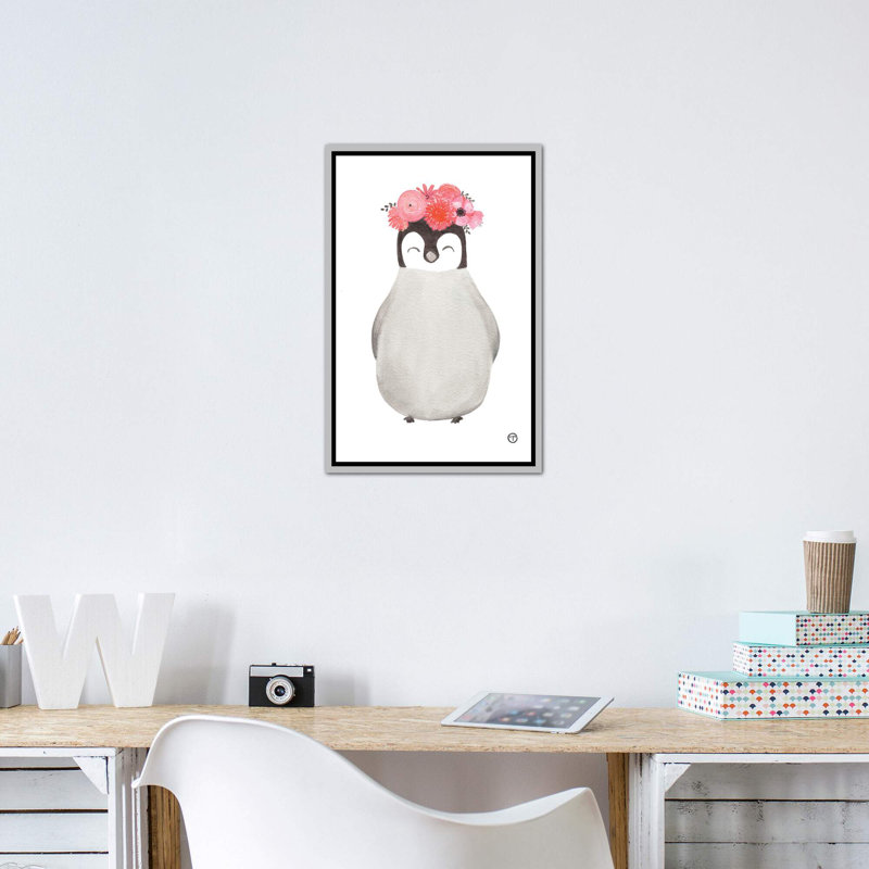 Art pingouin, Toile avec cadre argenté, H 26 po x l 18 po x P 1,5 po