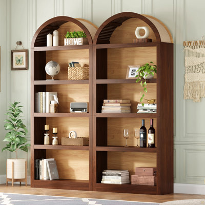 Freestanding Tall Bookshelves Set of 2, Farmhouse Two-Tone Open Storage Cabinet with Fabric Arched Top, 5-Tier Display Bookcase for Living Room, Bedro