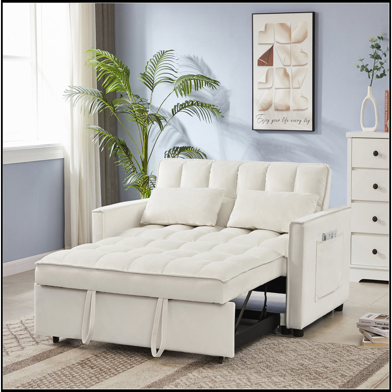 Canapé-lit en velours blanc cassé au confort luxueux et au design polyvalent, parfait pour les petits espaces et la vie moderne