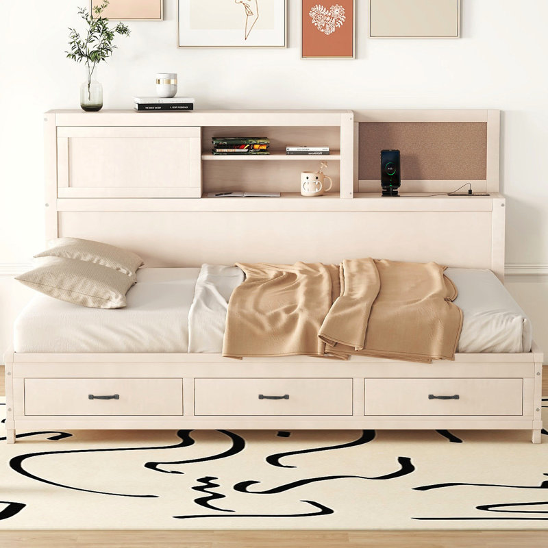 Lit de jour pleine grandeur en bois blanc avec 3 tiroirs de rangement, une tablette et un espace de chargement pour une chambre à coucher à la fine pointe de la technologie avec abri pratique et élégant