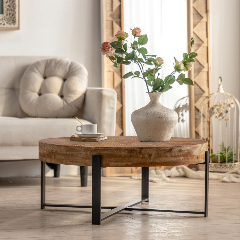 31.29" Round Fir Wood Coffee Table with Black Metal Cross Legs