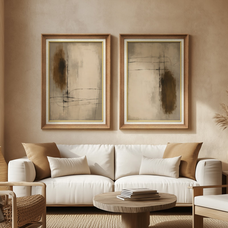 «Neutral Abstract Marks Subtle Composition», ensemble de 2 reproductions d'art mural encadrées de qualité supérieure sur papier 26 po x 36 po