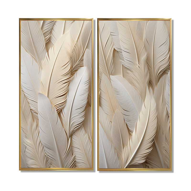 Plumes de plumes - art mural moderne, H 20 po x l 24 po, Impression encadrée flottante, Doré