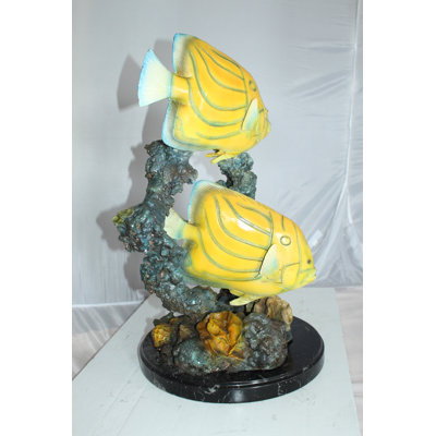 Two Butterfly fish swimming bronze statue -  Size: 12"L x 12"W x 24"H.