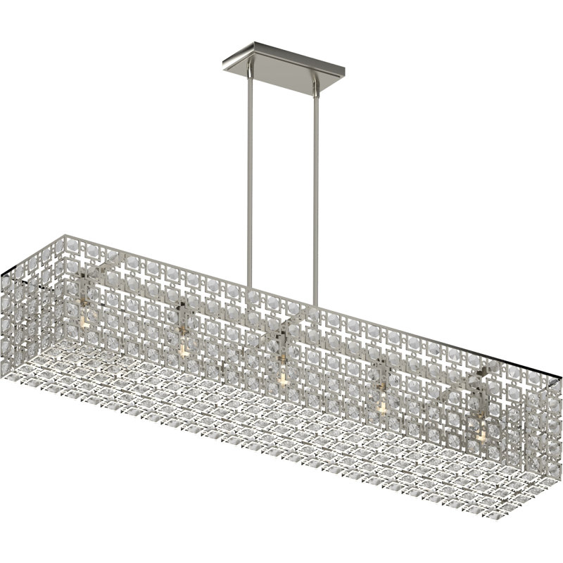 5-Light Indoor Elegant Glam Glamorous Brushed Nickel Square Rectangle Linear Kitchen Island Downrod Pendant Chandelier with Sparkling Bejeweled Glass Diamond Jewel Crystals