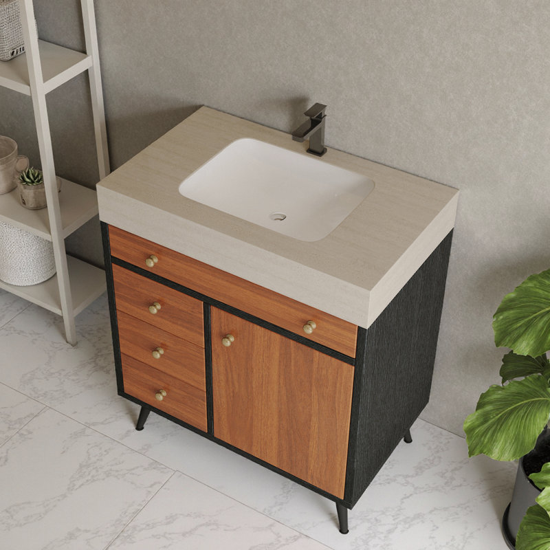 Meuble-lavabo de salle de bain moderne Mid-Century avec lavabo en céramique, plateau en pierre frittée et rangement à fermeture en douceur