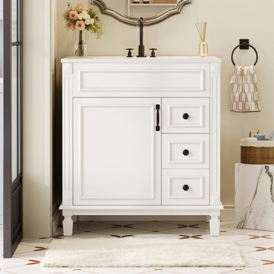 Meuble-lavabo de salle de bain avec lavabo en céramique, petite armoire de salle de bain, armoire moderne avec 2 tiroirs et tablette réglable