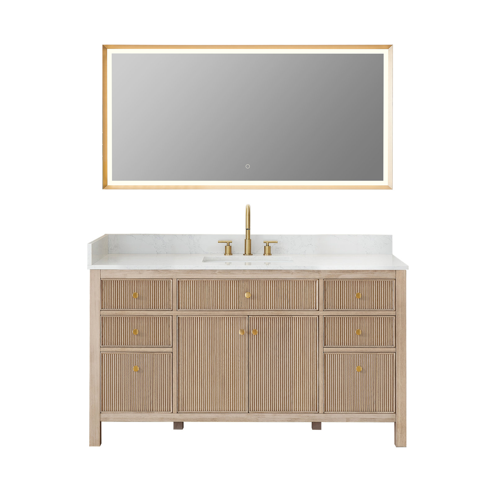 Lala 60" Single Bathroom Vanity with Grain White Engineered Stone Countertop with Mirror, Nature Oak