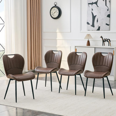Ensemble de 4 chaises de salle à manger en polyuréthane brun avec poignée intégrée. Cadre en métal noir, pieds réglables. Chaises de salle à manger à domicile avec coussin confortable extra-large, polyvalent pour de multiples cas de figure.