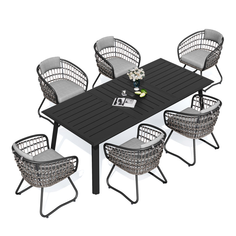 6 - Person Rectangular Aluminum Dining Set with Cushions and Umbrella Hole (Set of 7), Gray