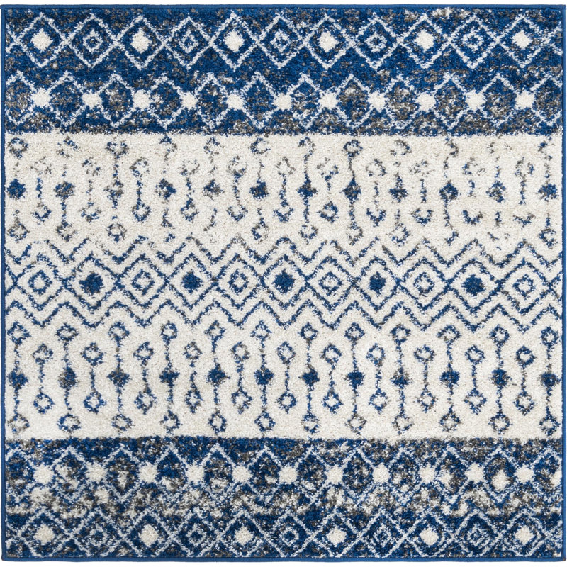 Tapis abstrait en polypropylène tissé à la machine Bradley-Joe en ivoire / bleu marine, Carré 4 pi
