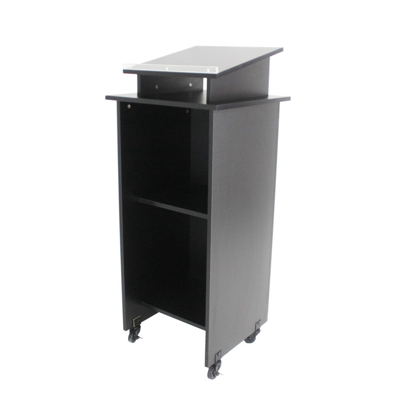 Black Wood Mobile Podium with Wheels and Storage