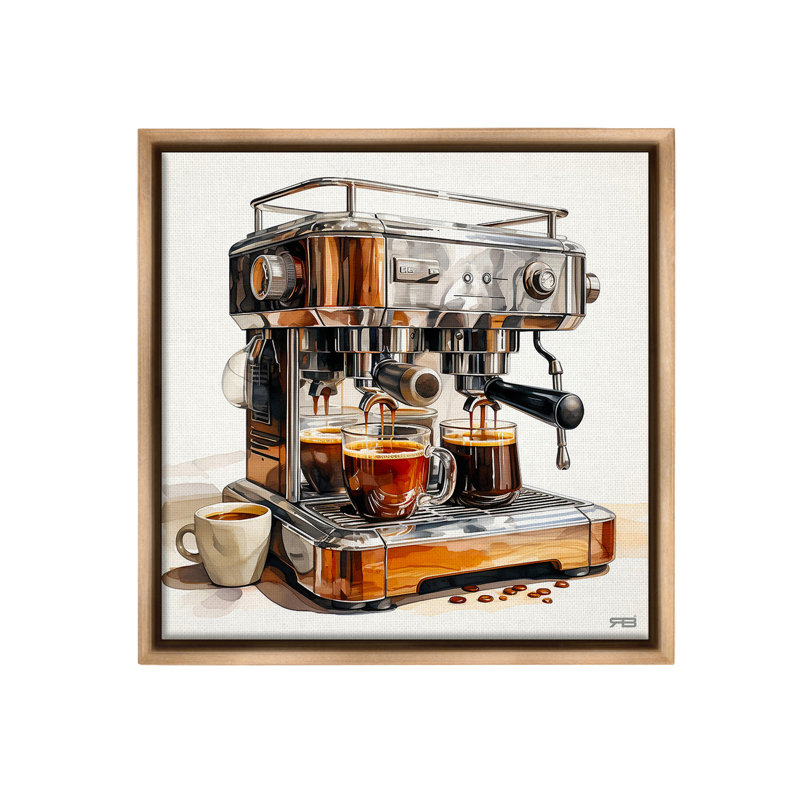«Sleek Espresso Machine» sur toile, H 18 po x l 18 po, Cadre flottant orme Montalcino