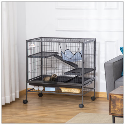 Cage à 3 niveaux pour petits animaux avec un design spacieux, un hamac suspendu et un plateau facile à nettoyer pour les furets et les chinchillas
