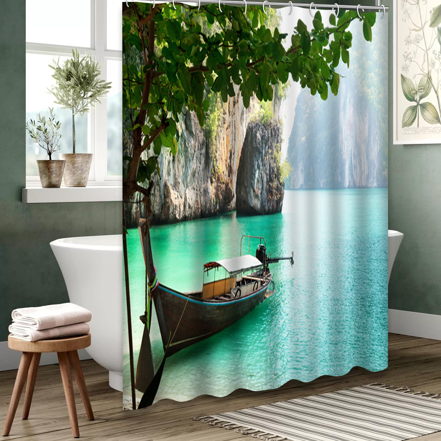 East Urban Home Ocean Summer Waterproof Shower Curtain,Long Boat