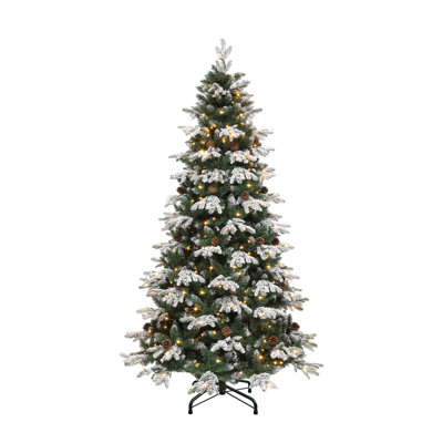 Pre-Lit Flocked Green Christmas Tree With Pinecones