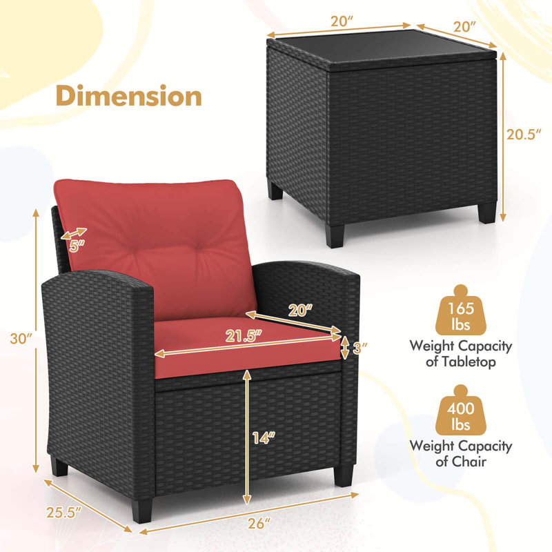 3 Pcs Patio Furniture Set With Tempered Glass Coffee Table Washable Cushions, Red