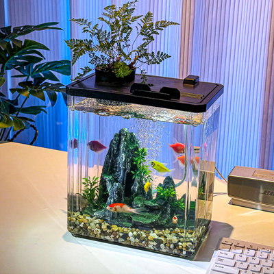 2.5 Gallon Small Fish Tank, 7Pcs Betta Fish Tank Kit with LED Light, Air Pump, Lid, Fish Tank Starter Kit for Betta, Goldfish, Shrimp