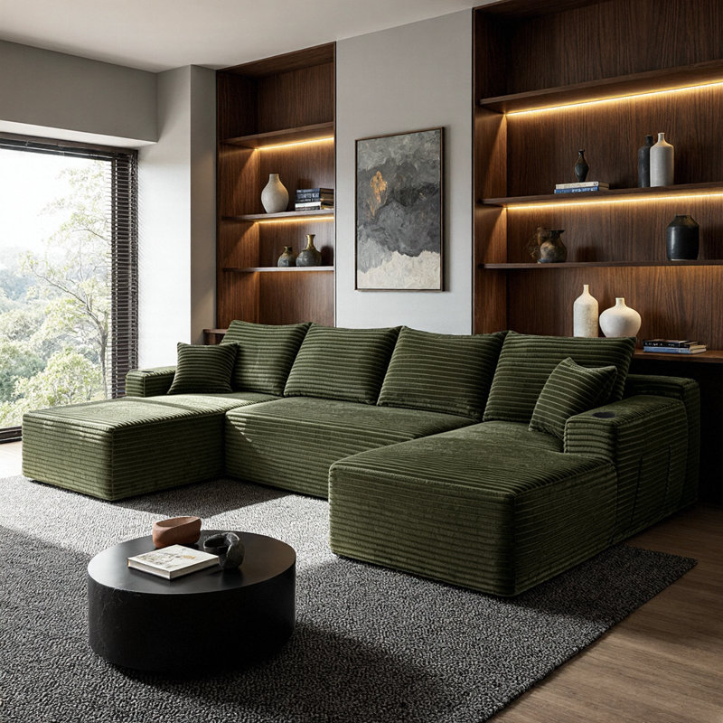 Canapé modulaire 126 po avec méridienne double en forme de U - canapé moelleux avec poches latérales et porte-gobelets, siège profond - aucun assemblage requis, conception modulaire pour salon, chambre à coucher, cinéma maison - 5 places